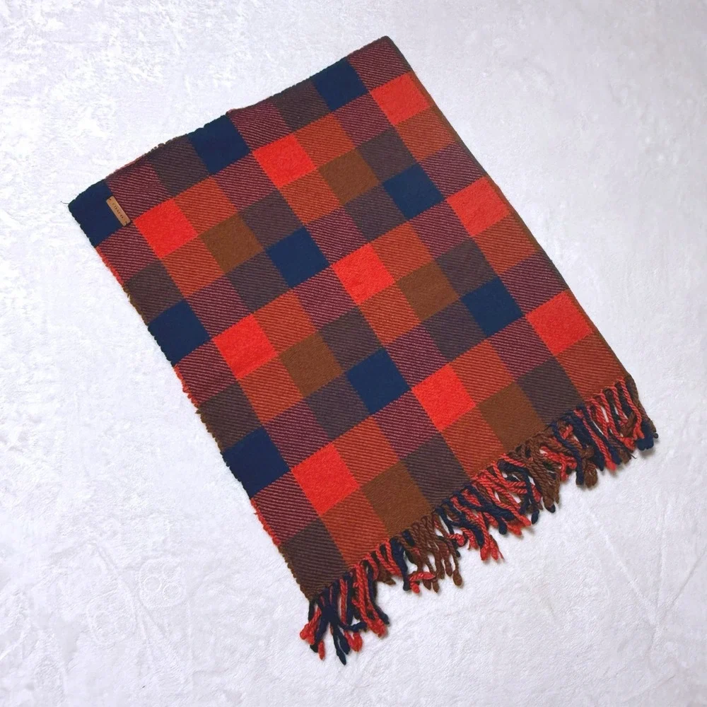 Coach Red Blue Buffalo Plaid Scarf OS Wool Cashmere Blend Leather Logo Fringe